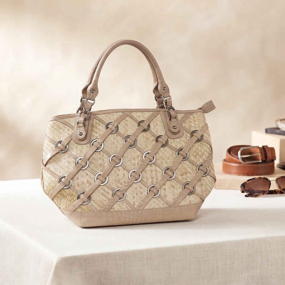 Woven Straw Lattice Tote Bag Croc Embossed Trim Beige Grommet Shoulder Bag